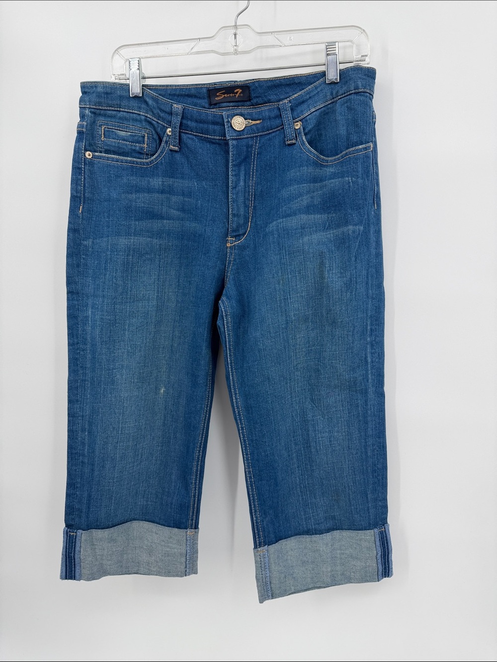 Seven7 Women's Mid-Blue Cropped Roll-Cuff Jeans